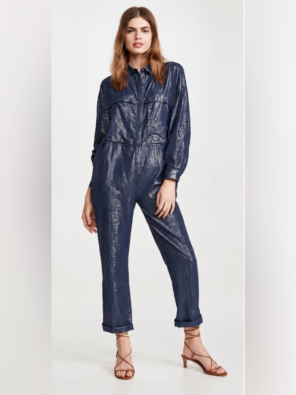 Suzie Kondi Navy Shimmery Utility Jumpsuit Size Large Metallic Lurex Navy Blue